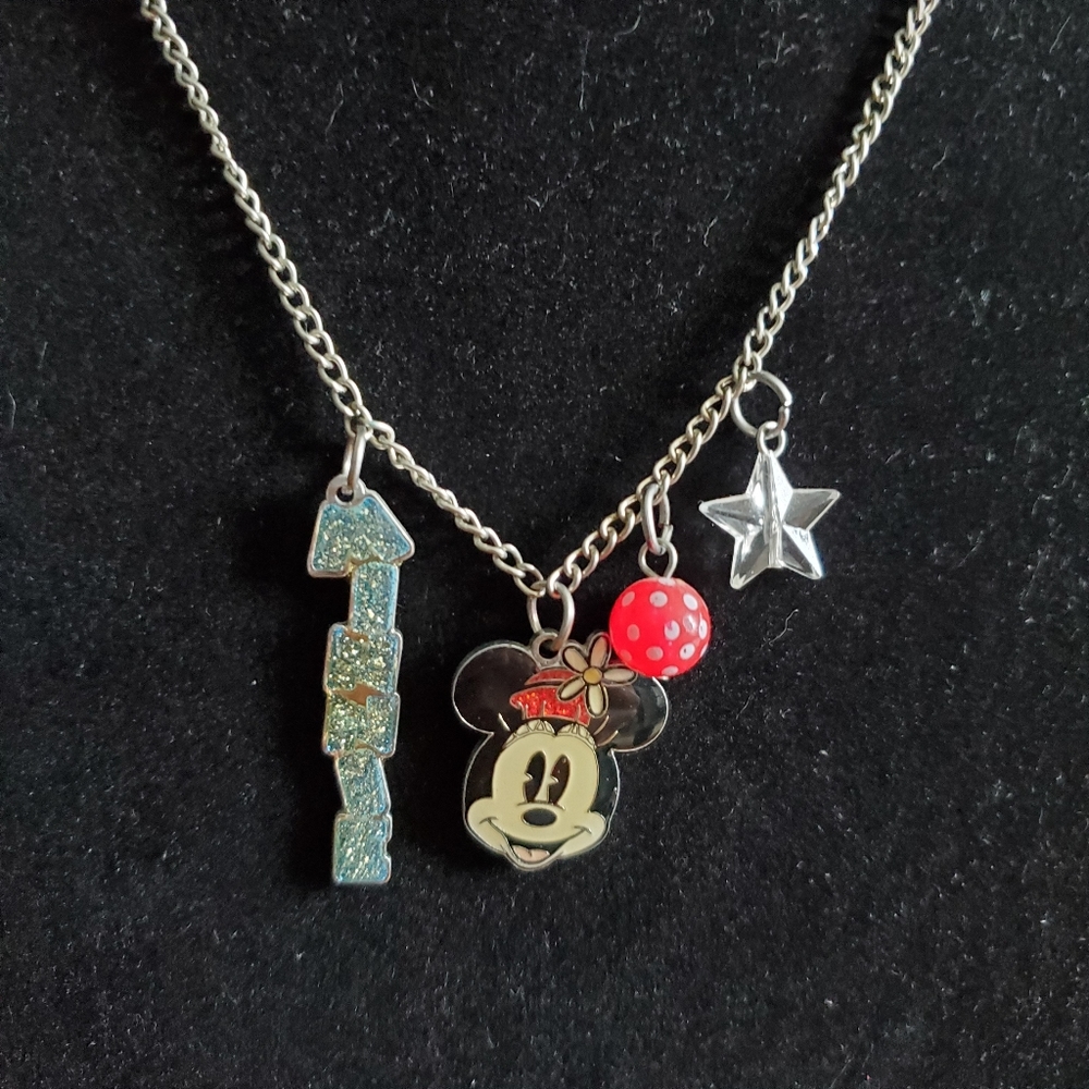 DISNEY Minnie Mouse silver charm necklace red white polka dot ball star glitter - Picture 3 of 7